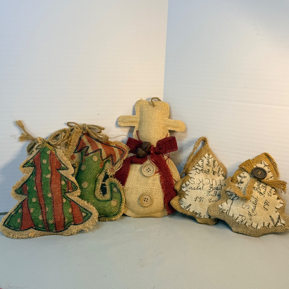Rustic Burlap Christmas Ornaments Set of 5 Snowman Tree Elf Boot Farmhouse Decor